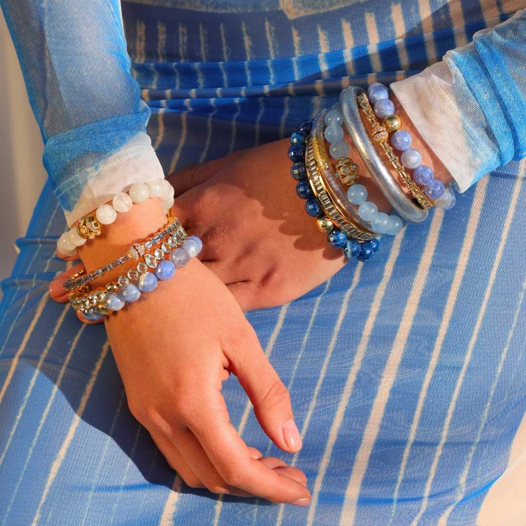 Melange Aqaumarine Bracelet - Rutilated faceted agate stone beaded bracelet for women