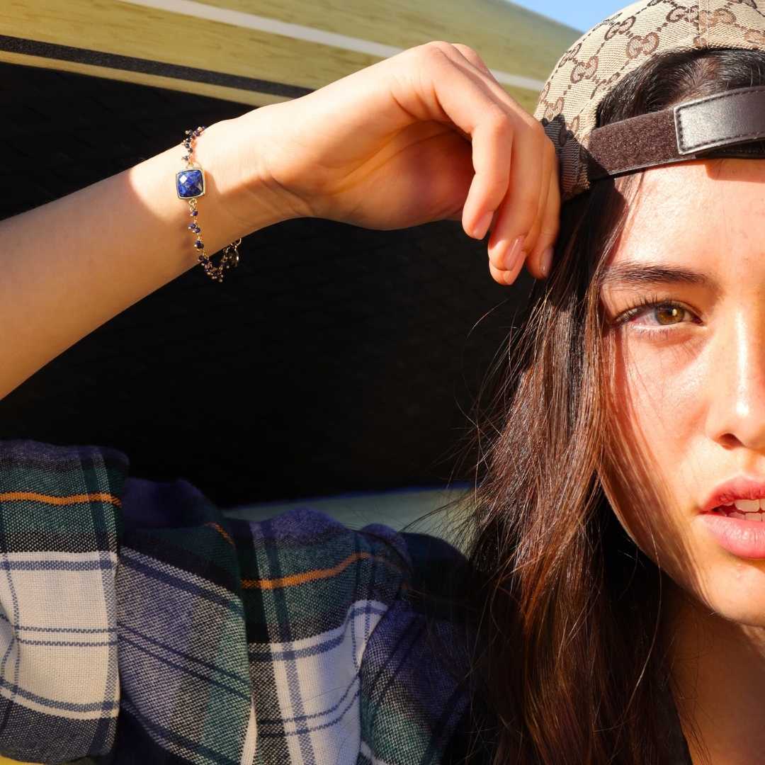 Gold-Plated Brass Chain Square Lapis Gemstone Bracelet | BuDhaGirl