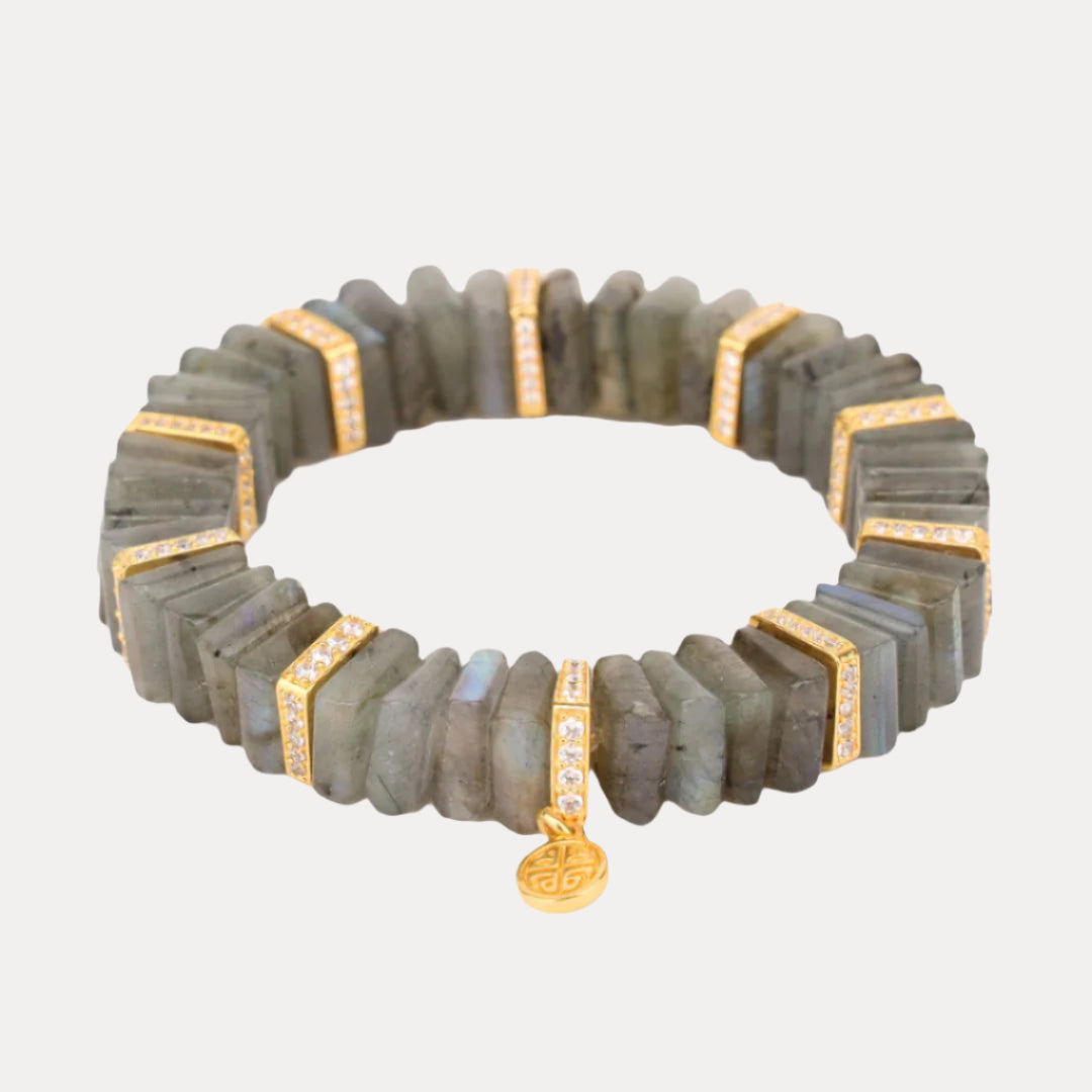 BuDhaGirl tablet labradorite and crystals bracelet on a white background.