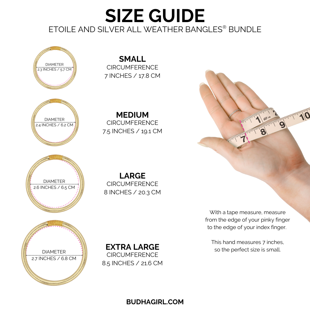 Size guide for Etoile and Silver all weather bangles with hand and tape measure illustration.