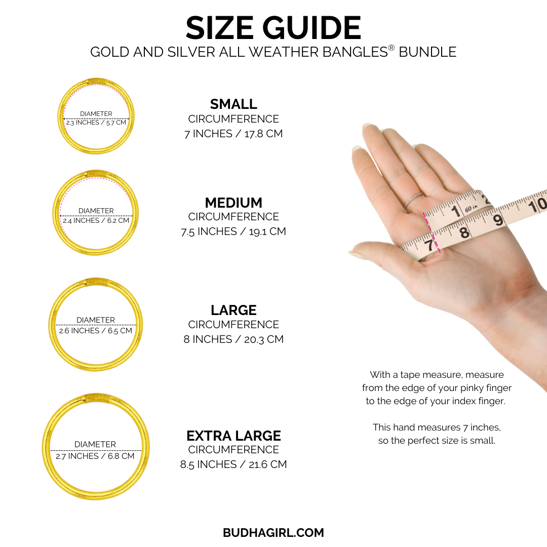 Size guide for gold and silver bangles with hand measurement and measurements listed.