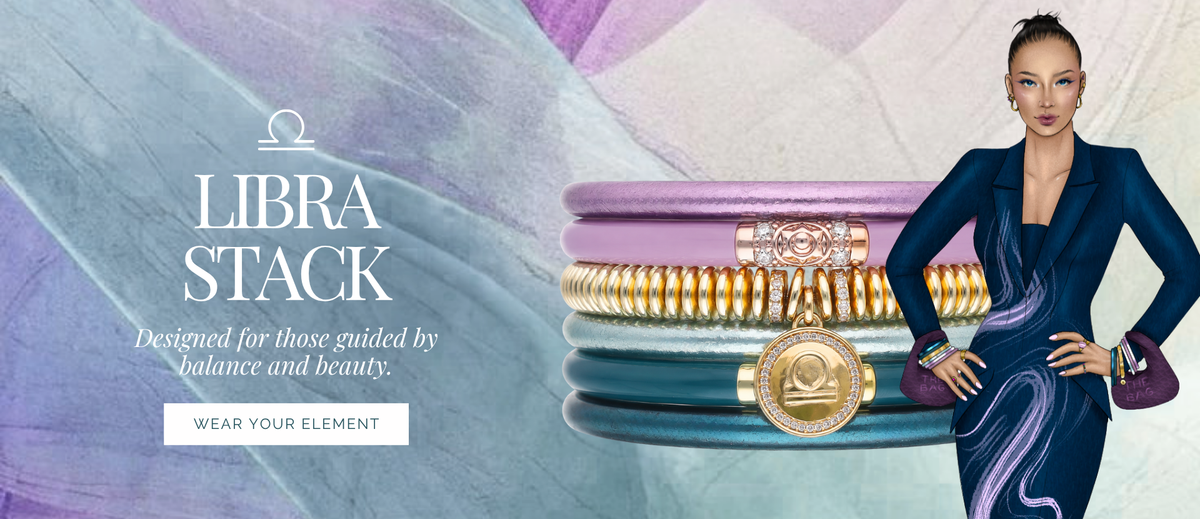 Libra Stack banner showing a woman beside stacked gold and colorful bangle bracelets with Libra text and a Wear Your Element button