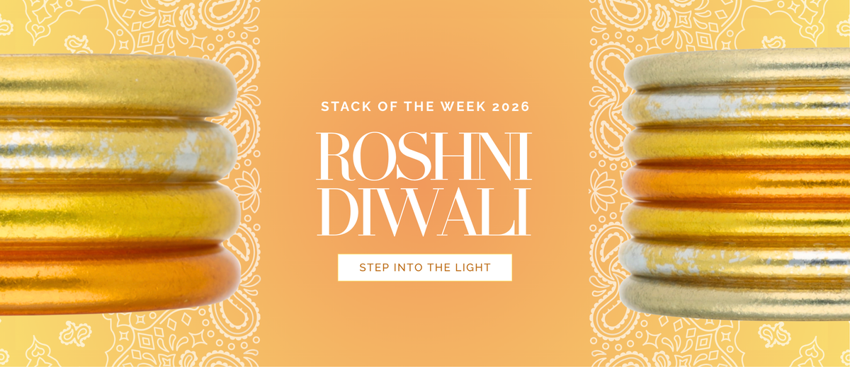 Decorative Diwali banner featuring stacks of gold bangle bracelets on both sides with white floral patterns and text reading Roshni Diwali Step Into the Light