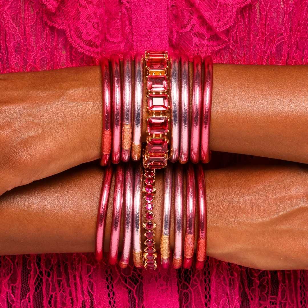 Model Wearing Carousel Pink All Weather Bangles, Dahlia Bracelet and Etoile Bangle | BuDhaGirl