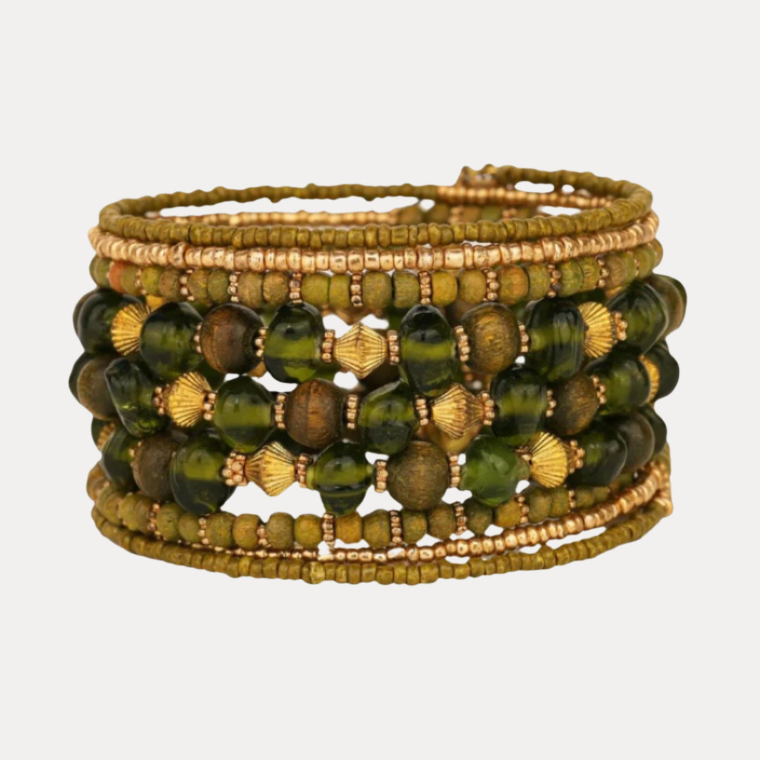 Avelina Rainforest Wrap | Green & Gold Beaded Bracelet | BuDhaGirl