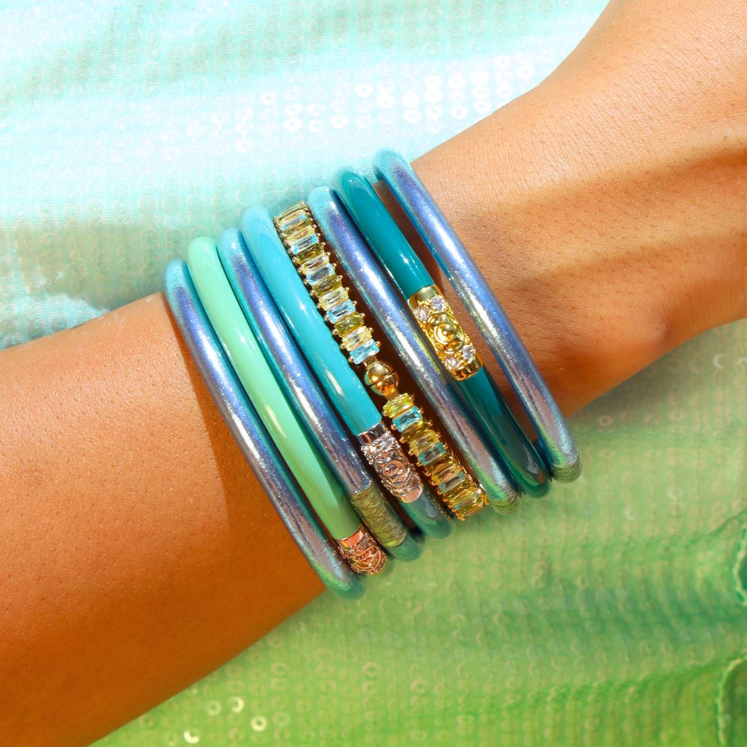 Blue Ombre Bangle Bracelet Stack on Woman Wearing Turquoise and Green Sequin Dress | BuDhaGirl