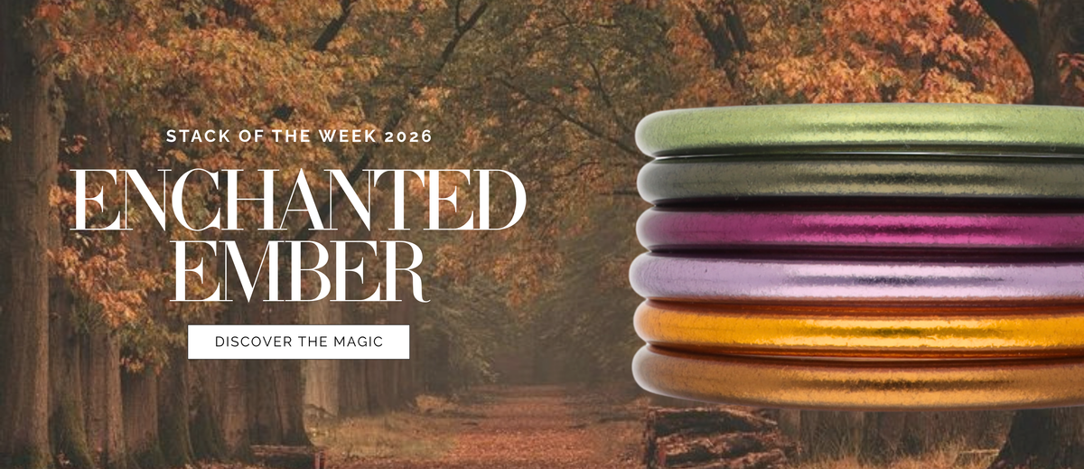 Autumn woodland banner with stacked colorful bangle bracelets and text reading Enchanted Ember, Stack of the Week 2026, and Discover the Magic