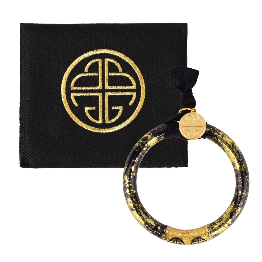 Koi Noir Tzubbie Black and Gold Foil All Weather Bangle Bracelets with BuDhaGirl Enamel Chop Logo Bead | BuDhaGirl