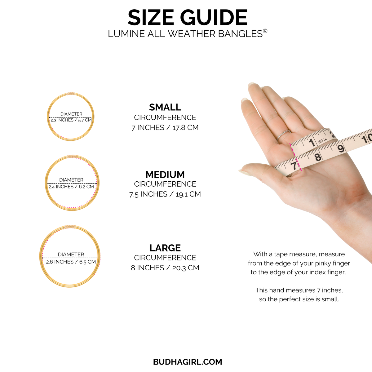 Size guide infographic for Lumine All Weather Bangles showing measurements for Small, Medium, and Large sizes in inches and centimeters, alongside a hand holding a measuring tape to demonstrate the 7-inch circumference.