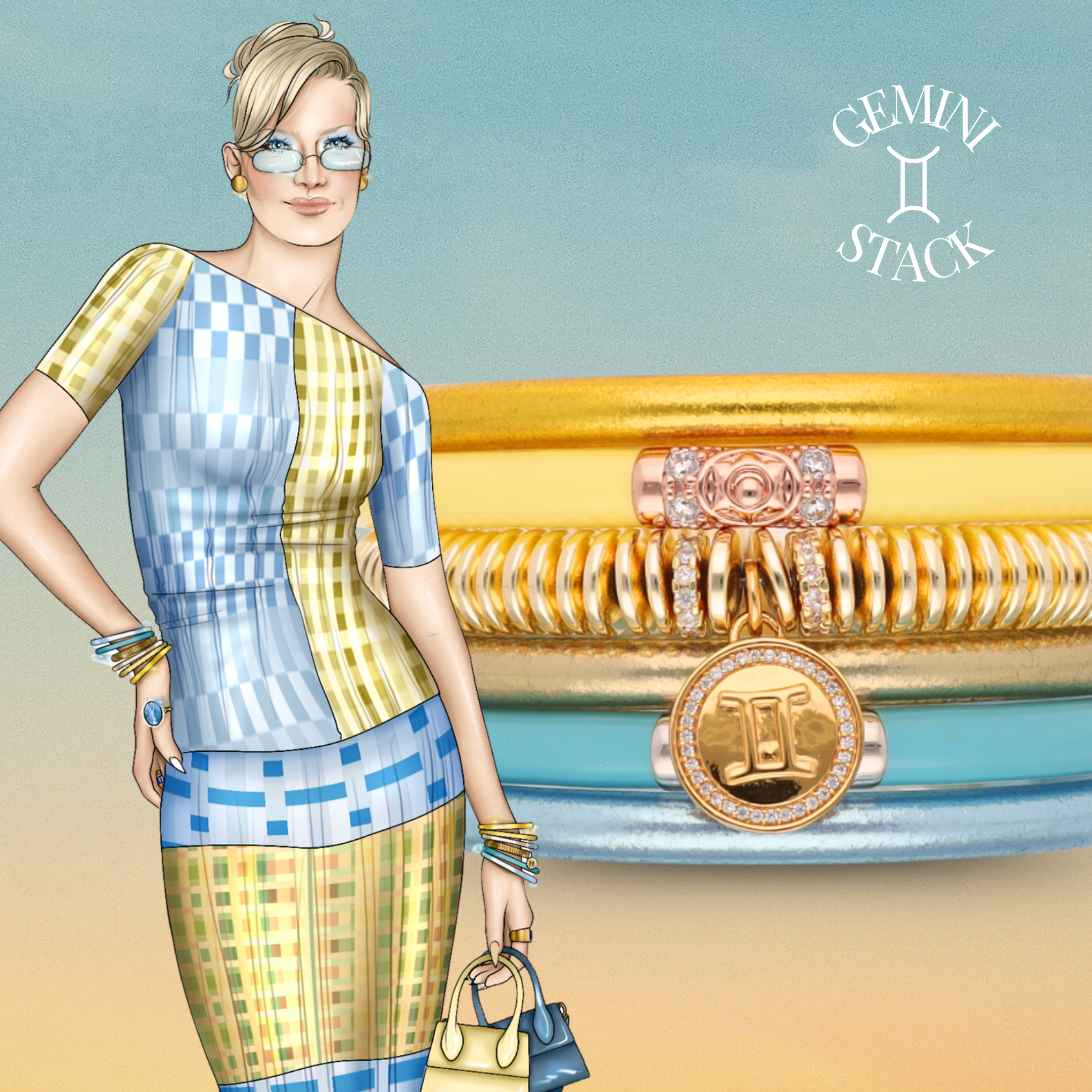 a woman in a blue and yellow dress
