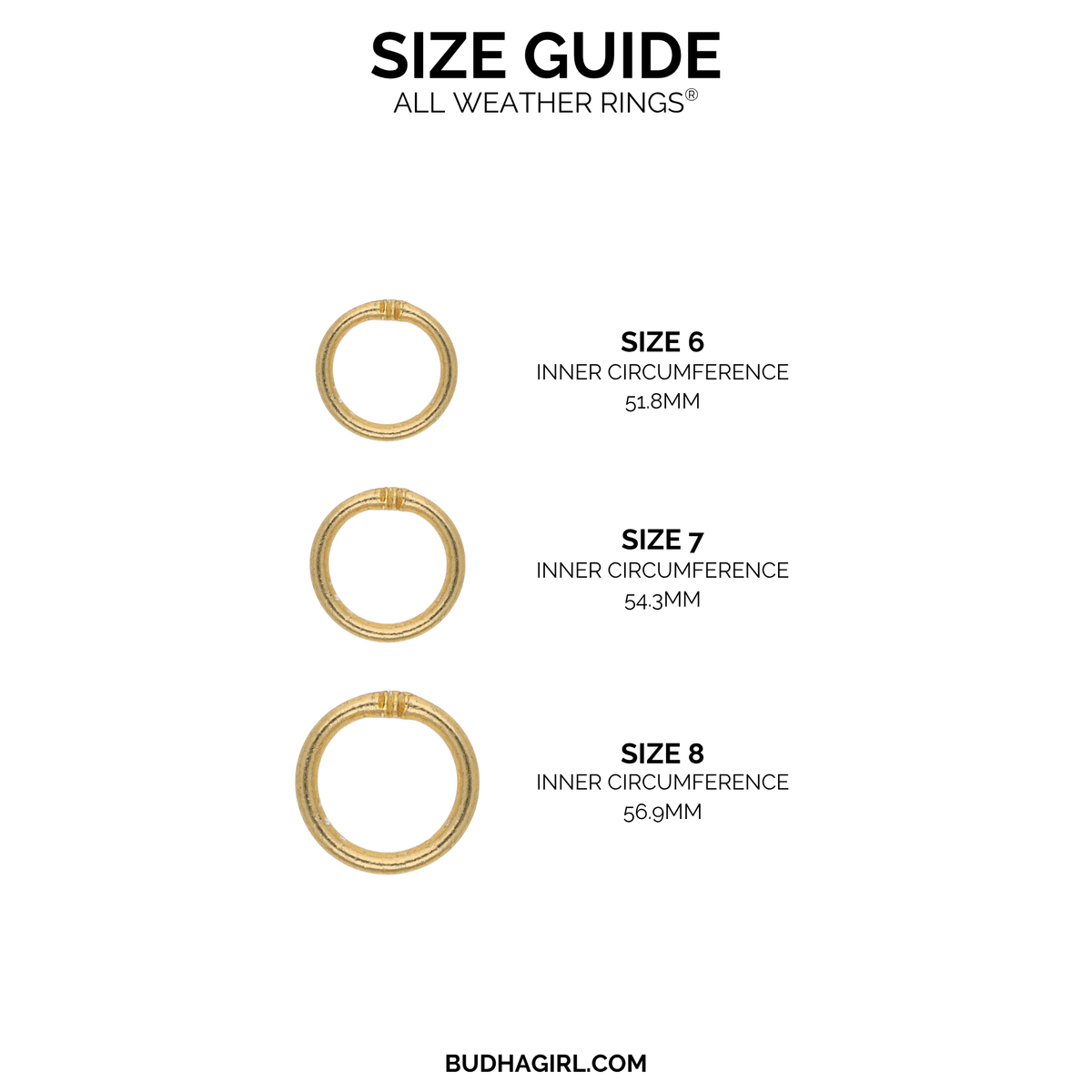 A size guide graphic for All Weather Rings by BuDhaGirl, showing three gold-toned ring profiles labeled Size 6, Size 7, and Size 8 with inner circumferences and millimeter measurements on a white background.