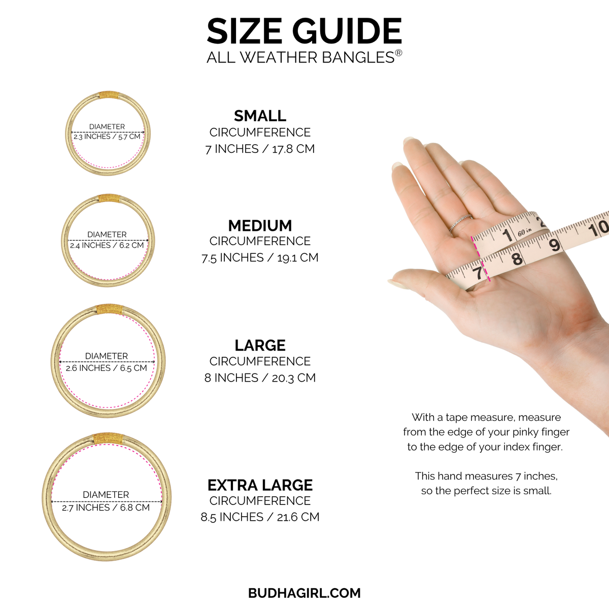 Size guide for jewelry with hand and tape measure illustration