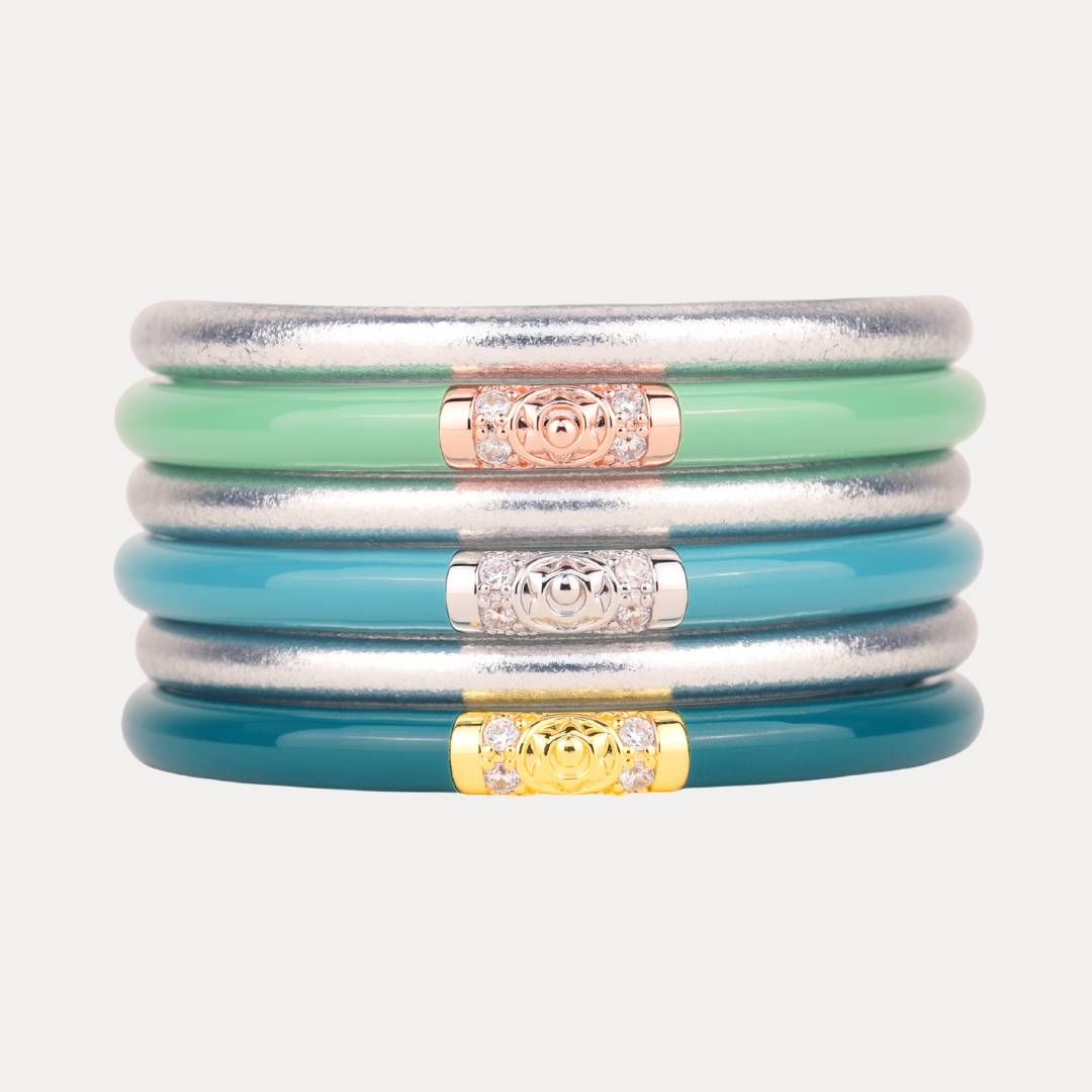 Zeta Tau Sorority Bangle Bracelet Stack - Silver Blue Green