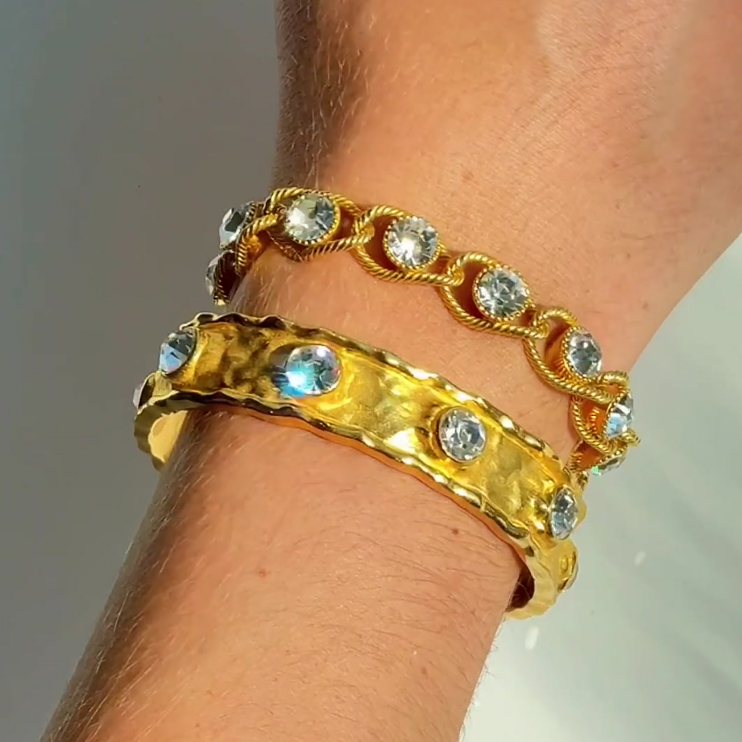 Seven Crystal Cuff and Dew Drop Bracelet Gold Modeled | BuDhaGirl