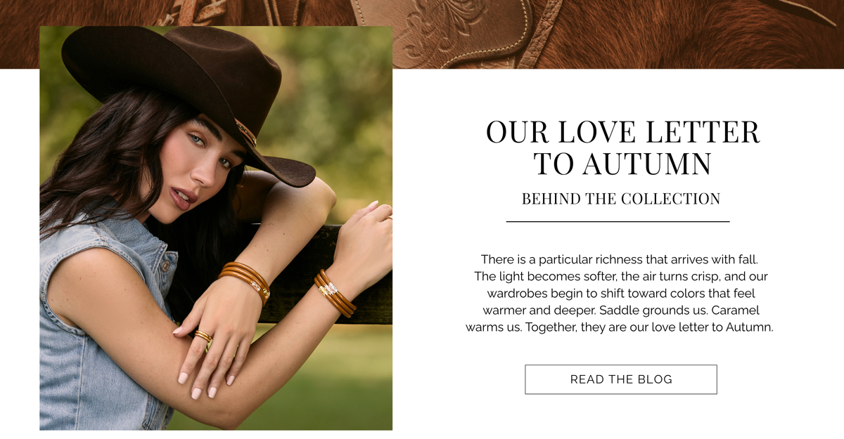A promotional banner with a model wearing a brown cowboy hat and denim top on the left, and a text section on the right reading 'OUR LOVE LETTER TO AUTUMN BEHIND THE COLLECTION' with a 'READ THE BLOG' button.