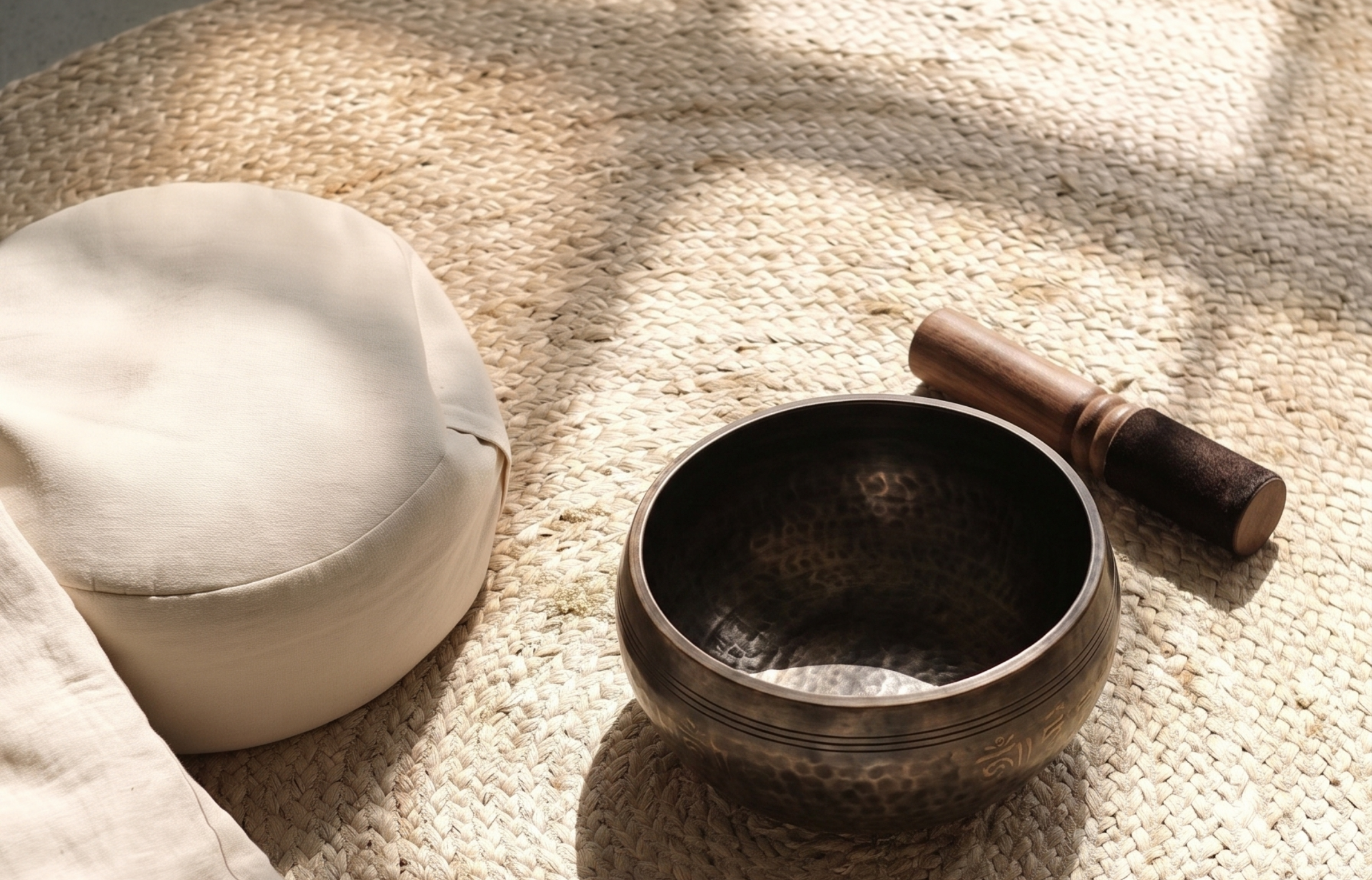 a bowl and a stick on a mat